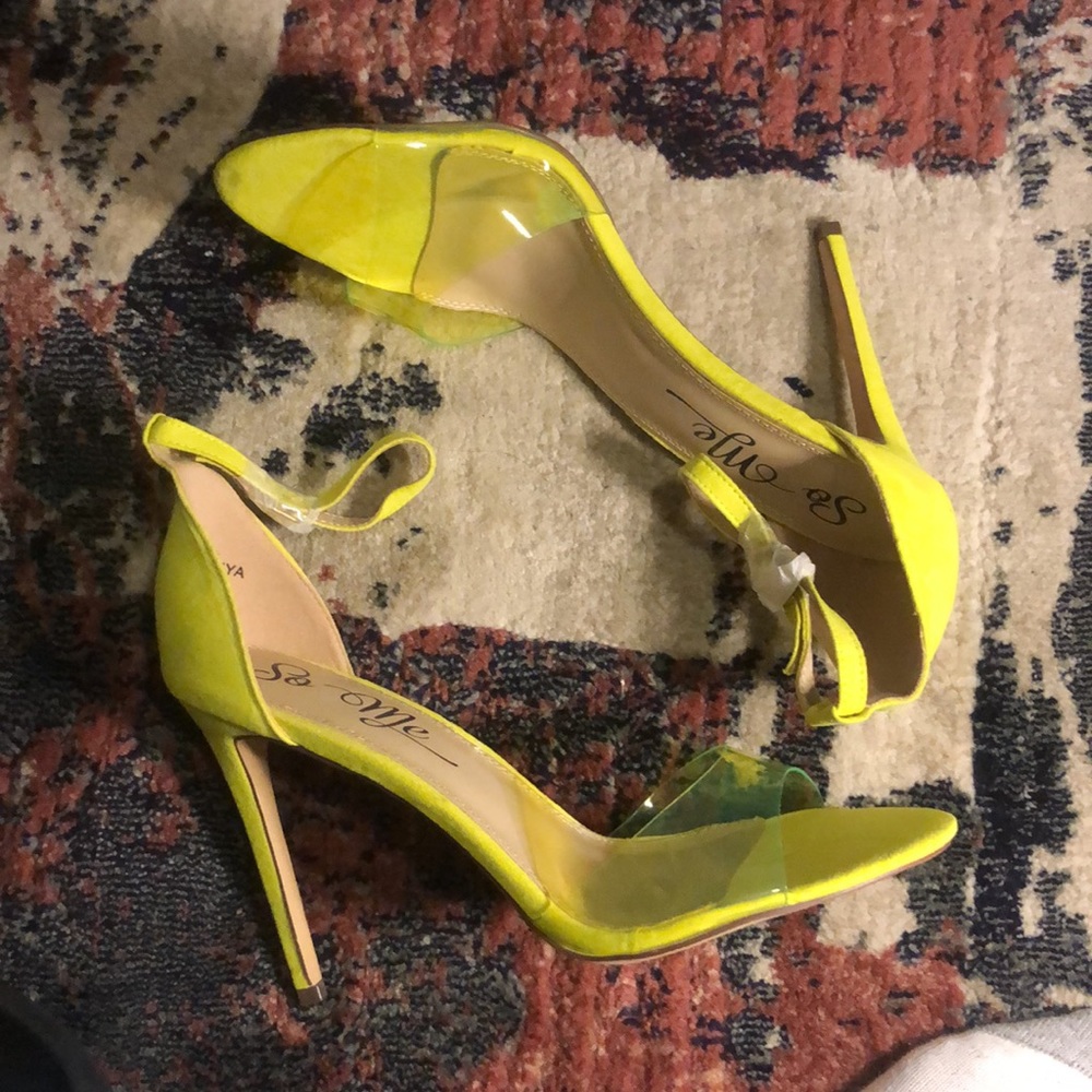 NWT neon clear front strap heels